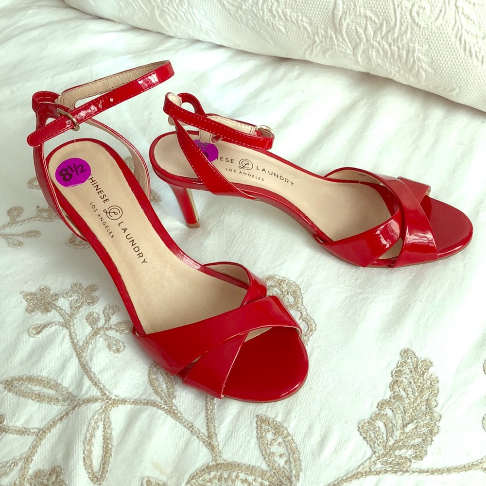 Red patent leather strappy heels